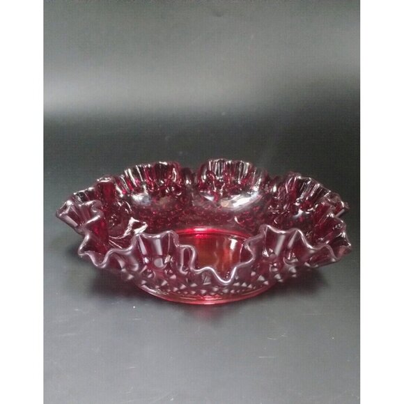 Fenton Hobnail Ruby Red Amberina Glow Ruffle Glass Candy Dish - Picture 14 of 16